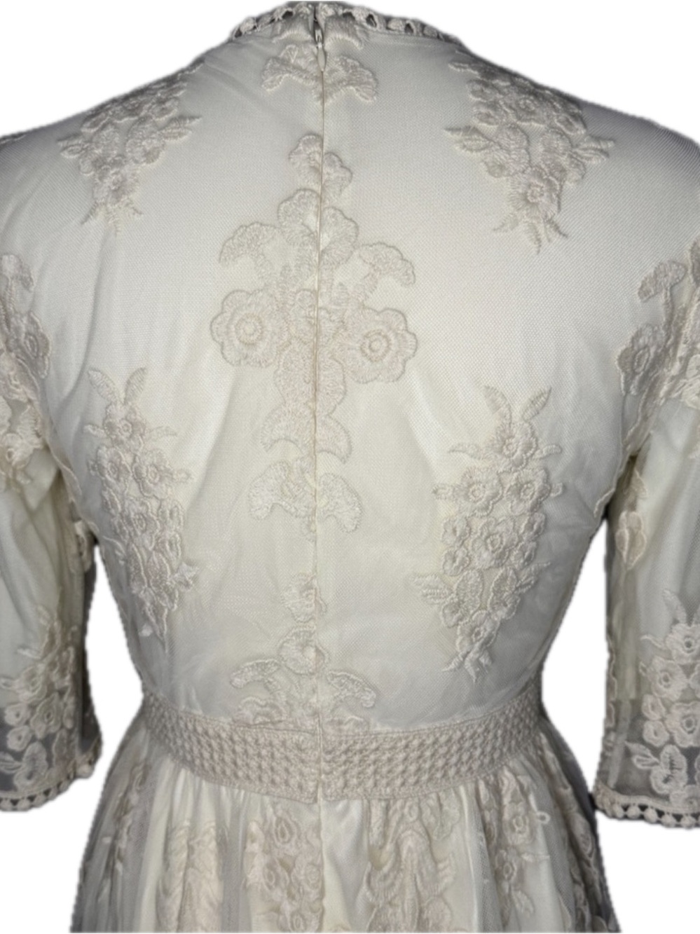Ivory Lace Midi Dress with Floral Embroidery